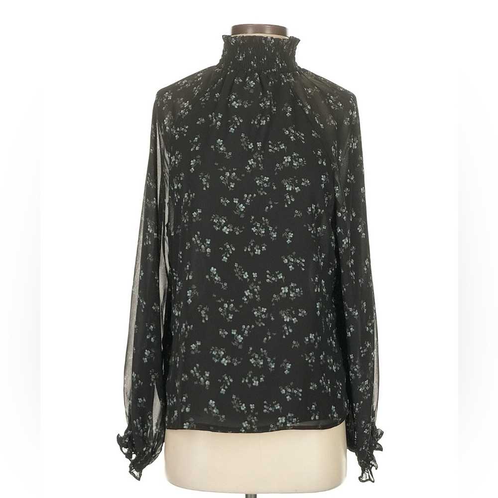Signature Reitmans Sheer Floral High-Neck Blouse - Black with Teal Floral